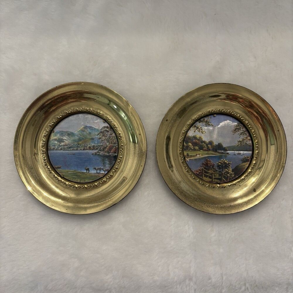 English Brass Foil Wall Plates Set 1950s Countryside Art
